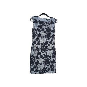 LRL Sz 8 Sleeveless Blue Embroidered Floral Sheath Dress Boat Neckline Classic